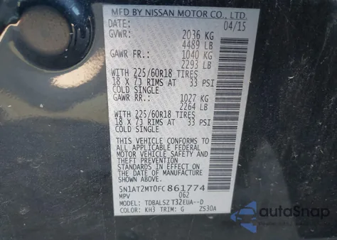 2015 Nissan Rogue Sl z USA, uszkodzony, nr VIN 5N1AT2MT0FC861774